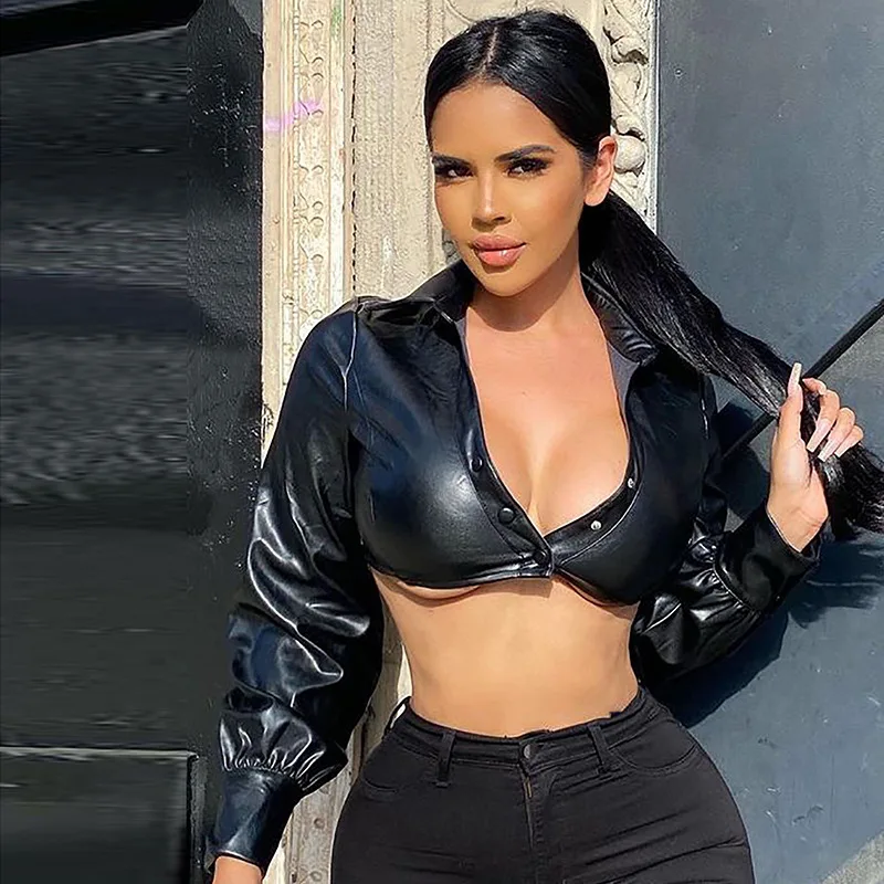 

Long Sleeve PU Faux Leather Short Jacket for Women Sexy Crop Top 2022 Spring Autumn Casual Tops Y2K Club Outfits Female Clothing