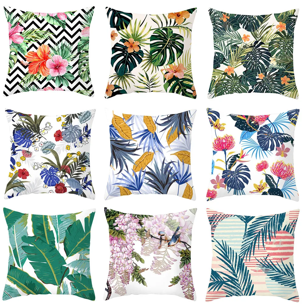 

New Cushion Cover Tropical Plant Flower Bird Pattern Peach Skin Pillowcase Square Pillowcase Car Sofa Home Decoration