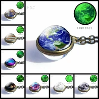 glow in the dark full moon sphere crystal ball glass necklace double side pendant solar system outer space astronomy jewelry