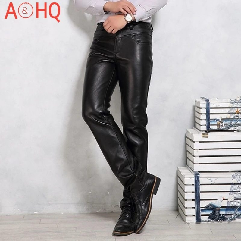 

Luxury Business Casual Sheepskin Genuine Leather Pants Men Clothing New Fleece Warm Natural Leather Trousers Streetwear Man