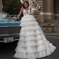 yunshang gorgeous v neck wedding dress 2022 tiered a line sleeveless lace appliques sweep train princess bridal gown open back