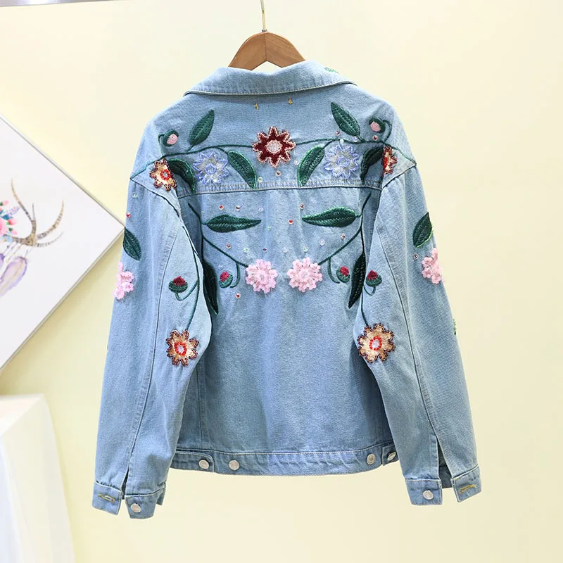 

Floral Embroidery Lady Women Elegant Single Breasted Slim Jeans Coat Autumn Outwear Basic Denim Jacket