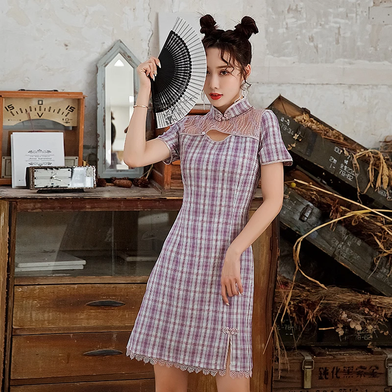 

Make new stitching new modified cheongsam dress lace hollow-out plaid skirt female temperament