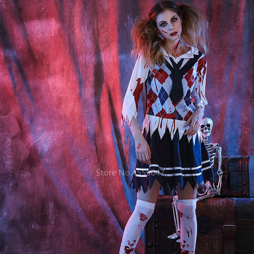 Halloween Women Schoolgirl Cosplay Costume Skirt Set Masquerade Scary Gothic Zombie Vampire Bloody Broken Student Uniform Outfit