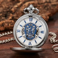skull fashion smooth mechanical pocket watch men skeleton steampuk hand wind pendant clock chain with arabic numerals for gift