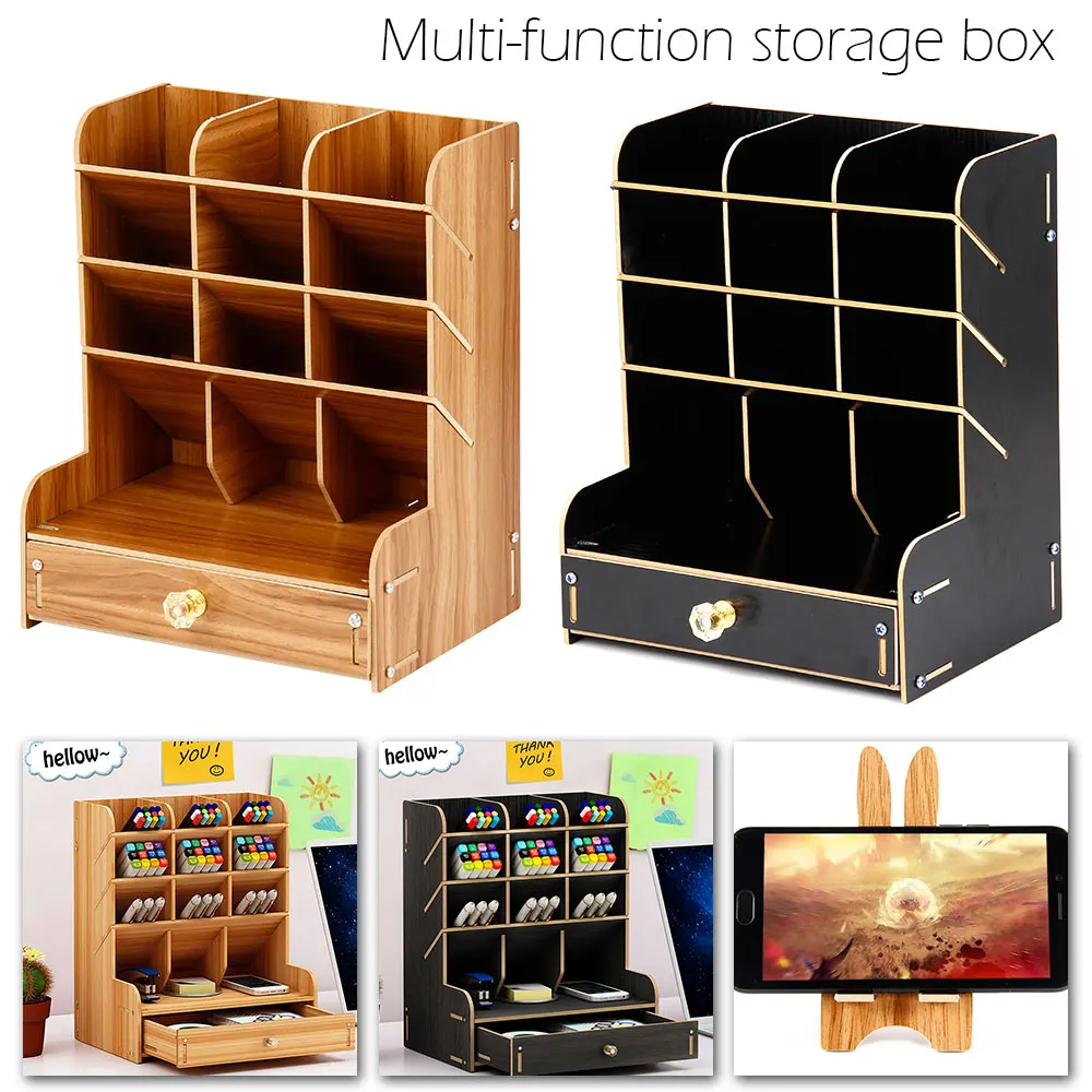 

Wooden Storage Box Case Multi-Function Drawer Organizer File Tray Rack 13Grid Desktop Cosmetic Storage Boxes + Phone Holder Gift