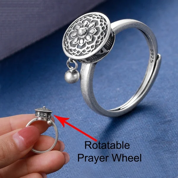 

Silver Rotating Rings for Women Buddhist Tibetan Prayer Wheel Ring OM Mantra Finger Ring Good Luck Lady Bands