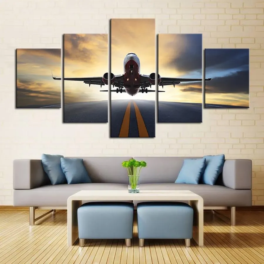 

Embelish 5 Pieces Sunset Lights Airplane Lawn HD Canvas Painting Wall Art Aircraft Posters Home Decor Pictures For Living Room