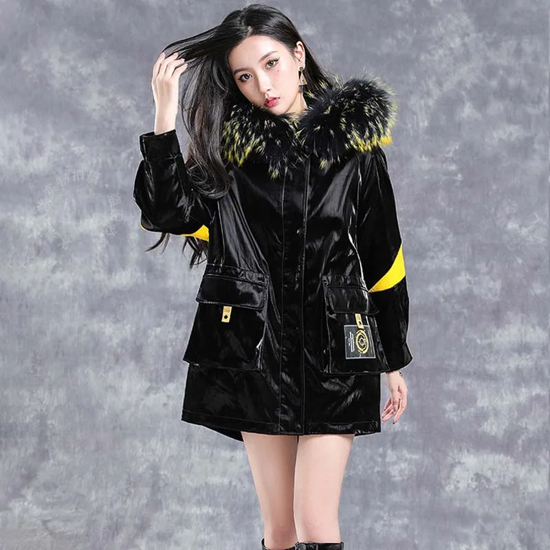 Black Glossy Parkas Women Winter Jacket Hooded Zipper Raccoon Dog Fur Collar Rabbit Fur Coats Fashion Trendy Mid-length Overcoat