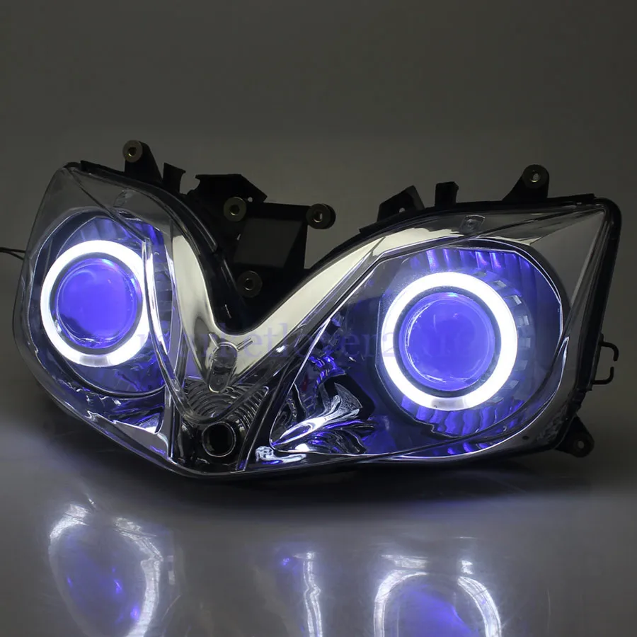 

Motorcycle Fully Headlight Assembly HID Projector Head Lamp For Honda 01-07 CBR 600 F4i w/ White Angel Eyes Blue Demon Eyes DRL