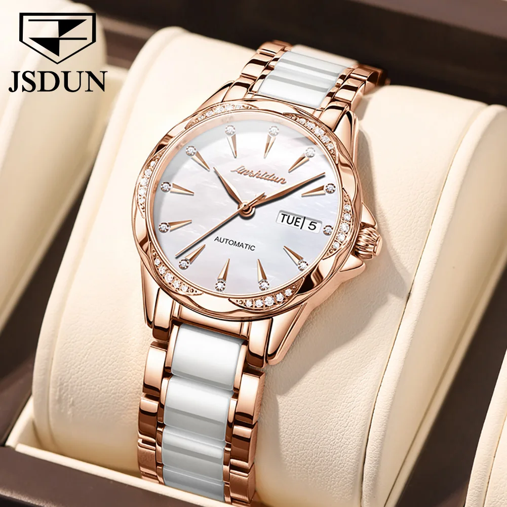 JSDUN Luxury Brand Ladies Mechanical Watch Waterproof Stainless Steel Ceramic Strap Date Fashion Ladies Watch Reloj de mujer