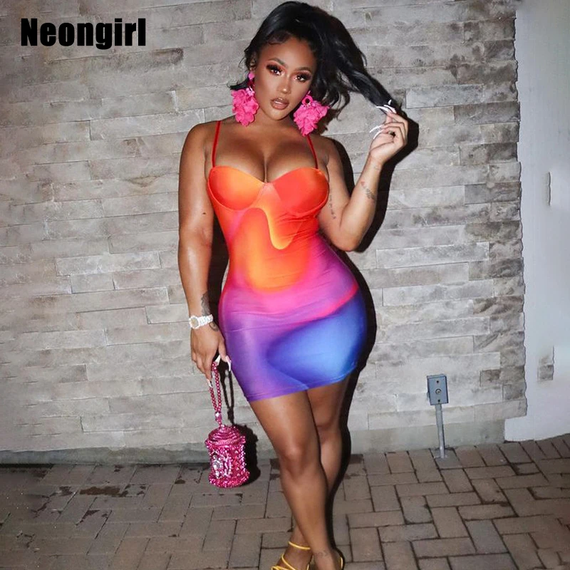 

Neongirl Colorful Chest Wrapping Spaghetti Strap Sleeveless Wave Print Multi Color Gradient Backless Sexy Dress Women Summer