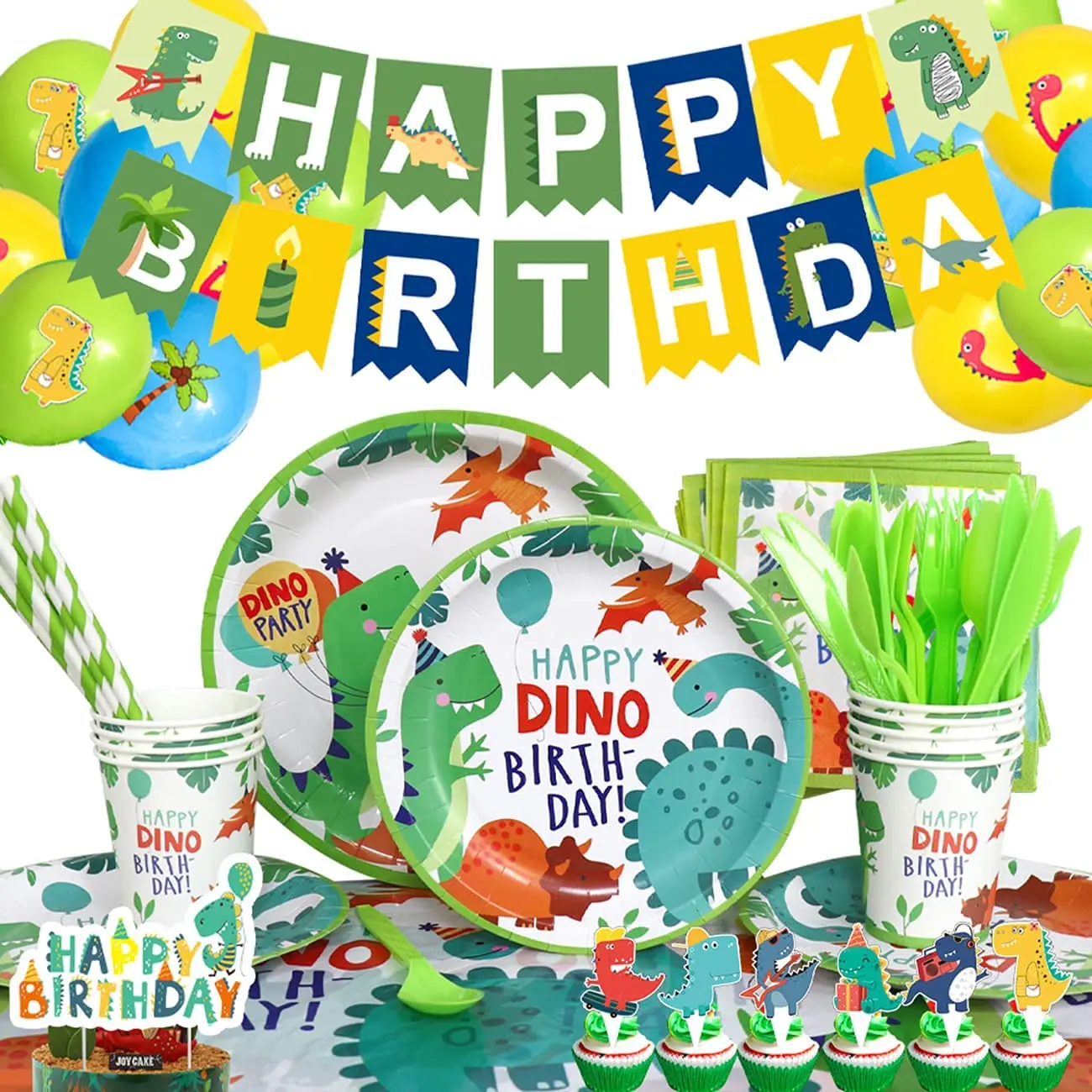 

Dinosaur Birthday Party Supplies Tablecloth Happy Birthday Paper Garland Banner Cake Topper Balloon Hanging Swirl Dino Decor