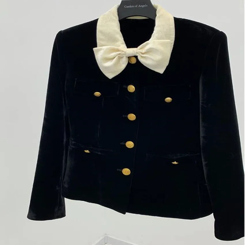 Retro 2022 Spring gold velvet bow short jacket women black and white color matching gold buckle small fragrance outwear