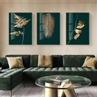 Абстрактная Картина на холсте с изображением зеленых листьев и золотых растений, настенные плакаты и принты в скандинавском стиле, современная картина для гостиной, украшение для дома