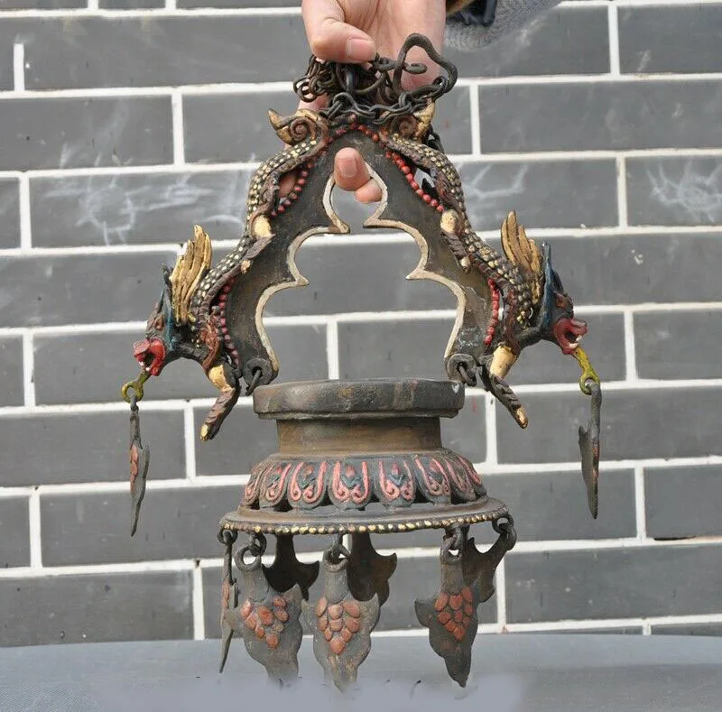 

Свадебное украшение старый Тибет фэн шуй чистая бронза двойной дракон висячая масляная лампа статуя масляной лампы