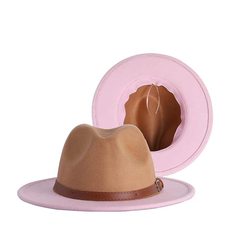 

2021 New Design Tan and Pink Wid Brim Jazz Church Fedora Hats Patchwork Wool Felt Fedora Hats With Leather Belt Ribbon Women