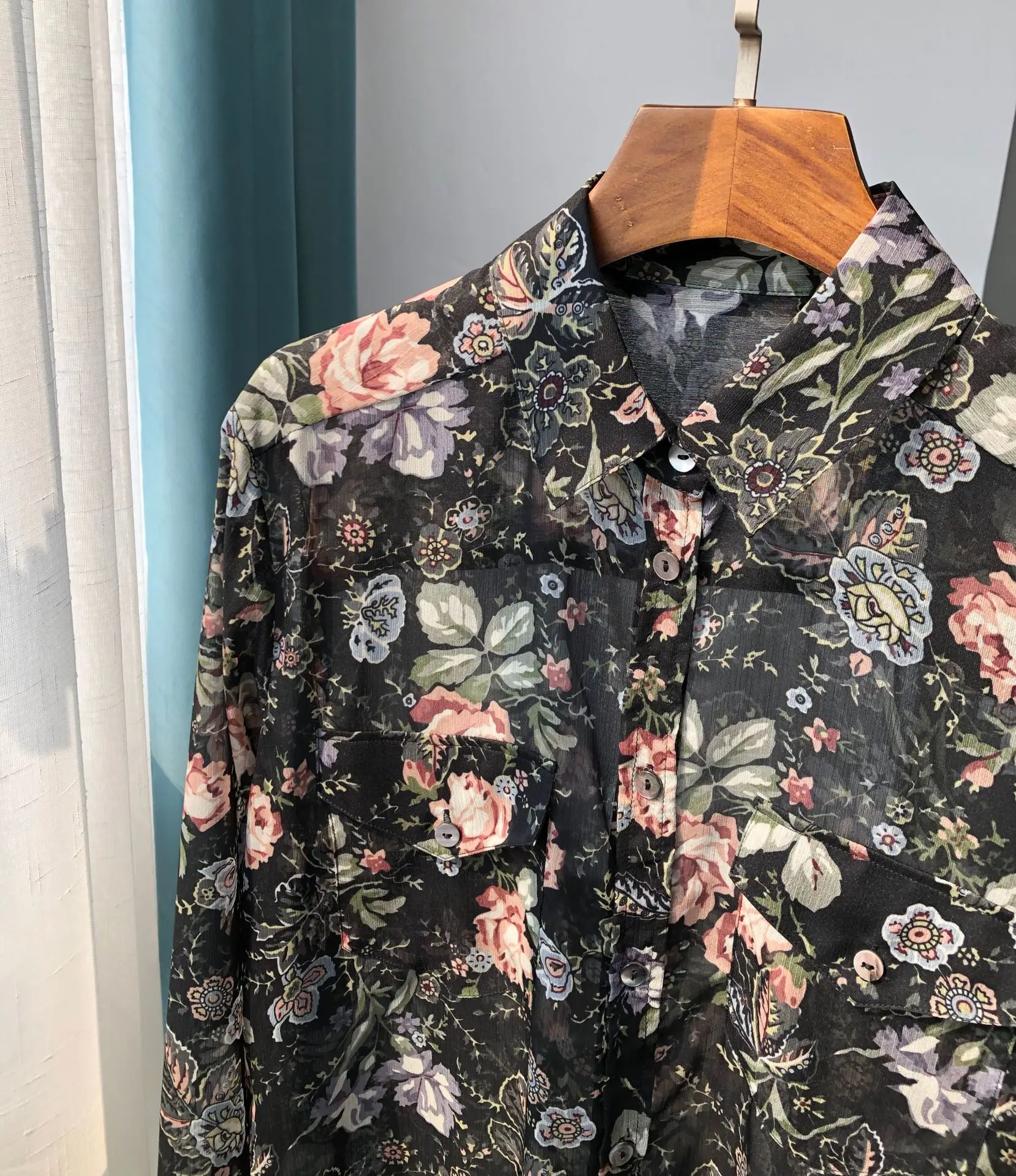 

Floral Women Shirt Print Shell Button Black Bottom Butterfly Lining