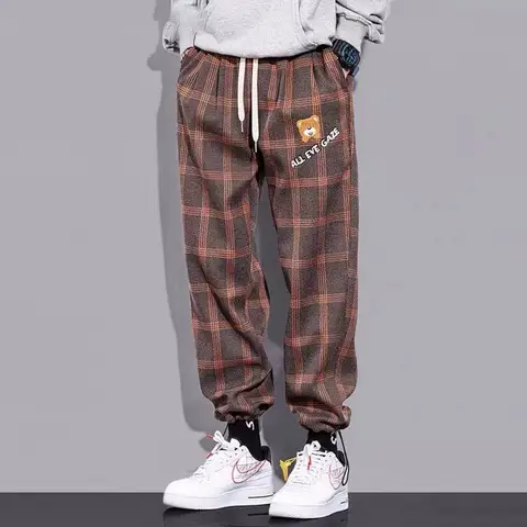 В винтажном стиле Harajuku штаны в клетку Мужская Уличная Брюки для бега спортивные штаны широкие, длиной до щиколотки, брюки Techwear одежда