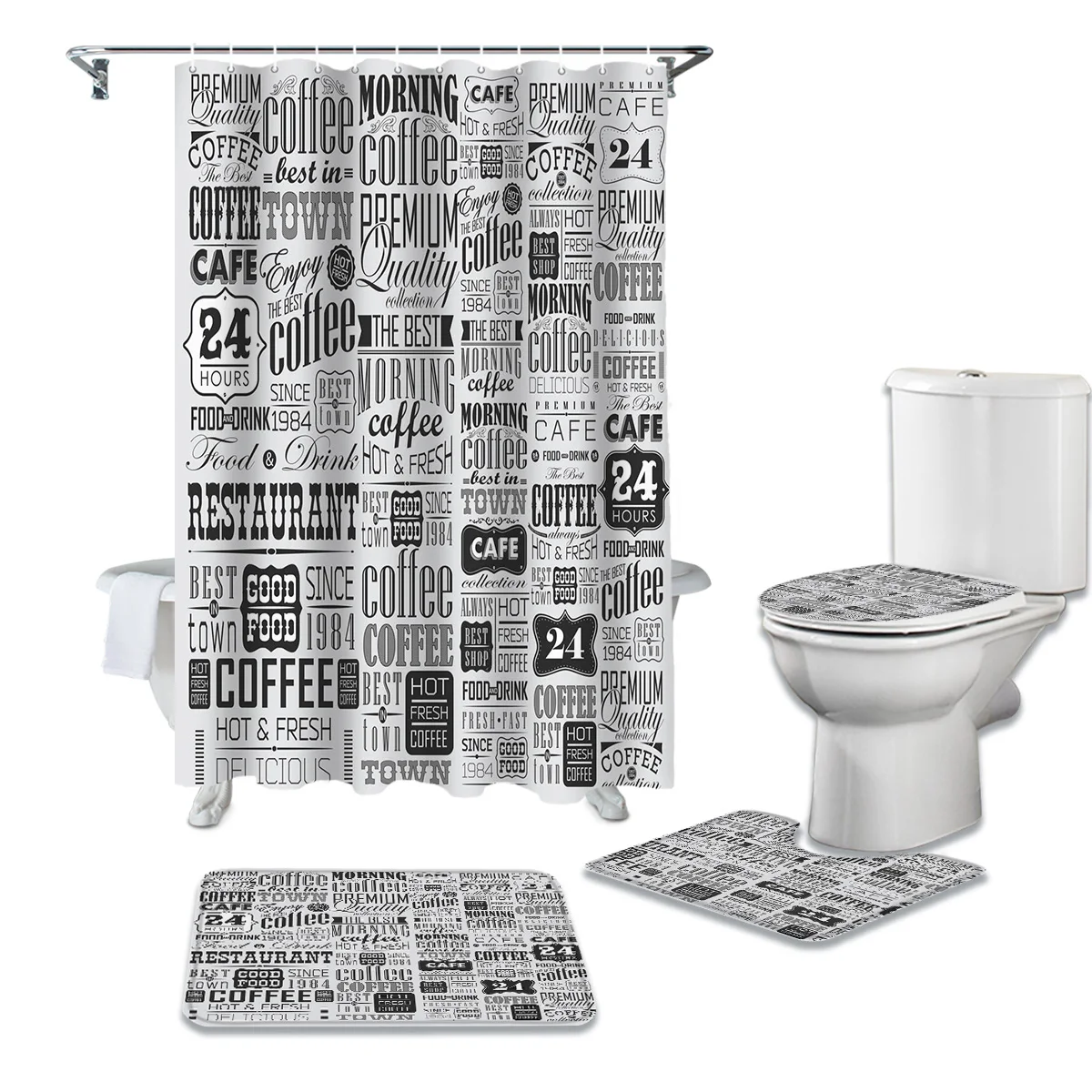 Vintage Text Coffee Shower Curtain Sets Non-Slip Rugs Toilet Lid Cover and Bath Mat Waterproof Bathroom Curtains | Дом и сад
