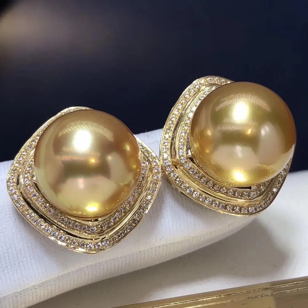 Серьги-гвоздики женские из 14-каратного золота 11-12 мм с натуральным жемчугом |