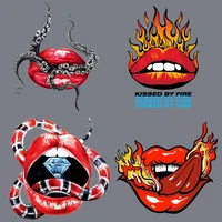 cool hot movie monster flame red lips diamond printing heat transfer diy iron can be customized on womens clothing t shirts