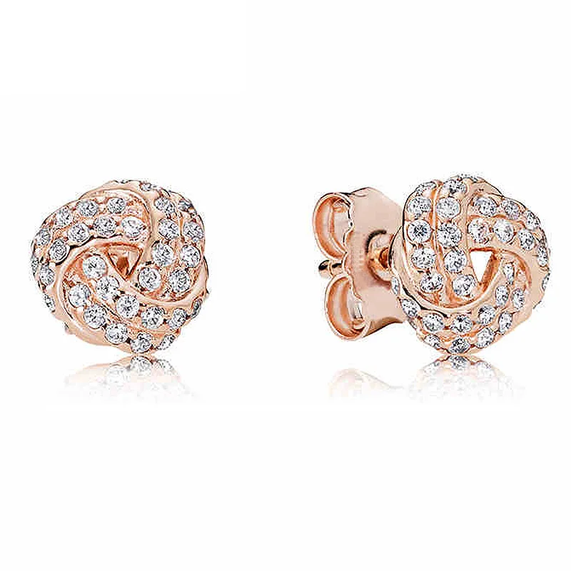 

925 Sterling Silver Rose Golden Signature Radiant Teardrop Circular Forever Love Knot Fashion Earrings For Women Jewelry Gift