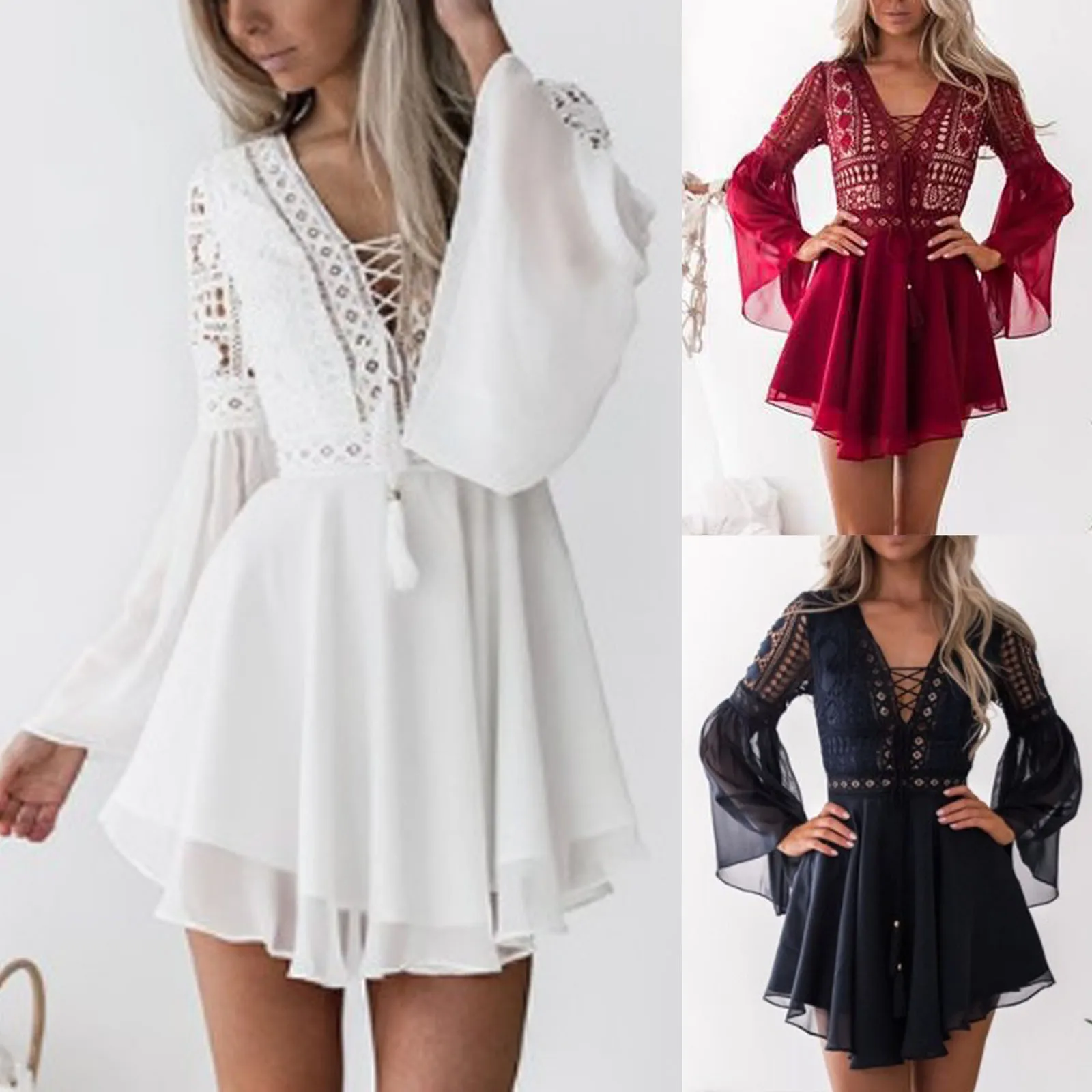 

Fashion Dresses For Women Chiffon Flare Long Sleeve V-Neck Ladies Hollow Out Tank Mini Dress vestidos mujer verano 2021