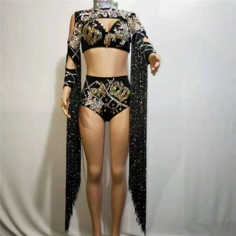

A97 Ballroom dance singer bikini rhinestones bodysuit party wears crystal outfit sequins tassels sleeve women dress clothes club