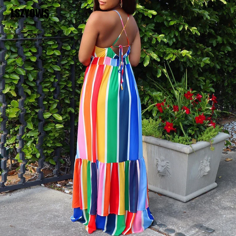 

Sexy Rainbow Striped Print Summer Dress Women Spaghetti Strap Boho Beach Holiday Dresses V-Neck Backless Elegant Long Maxi Dress