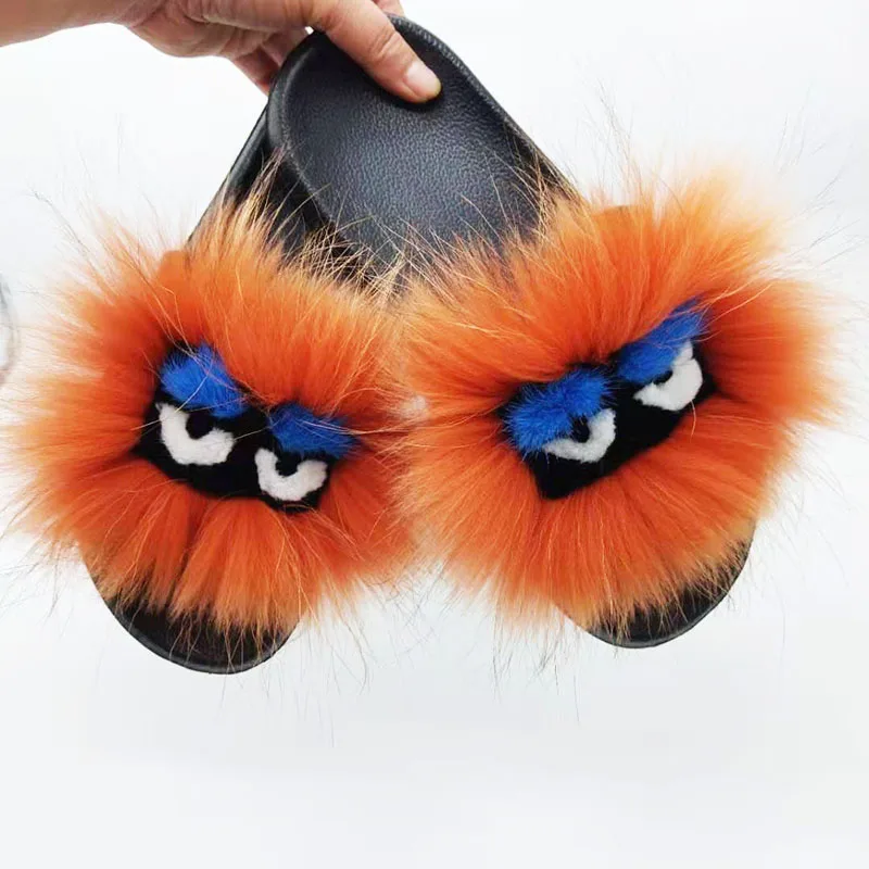 Женщины Монстр Мягкие тапочки Femmes из натурального Лисьего меха шлепанцы без