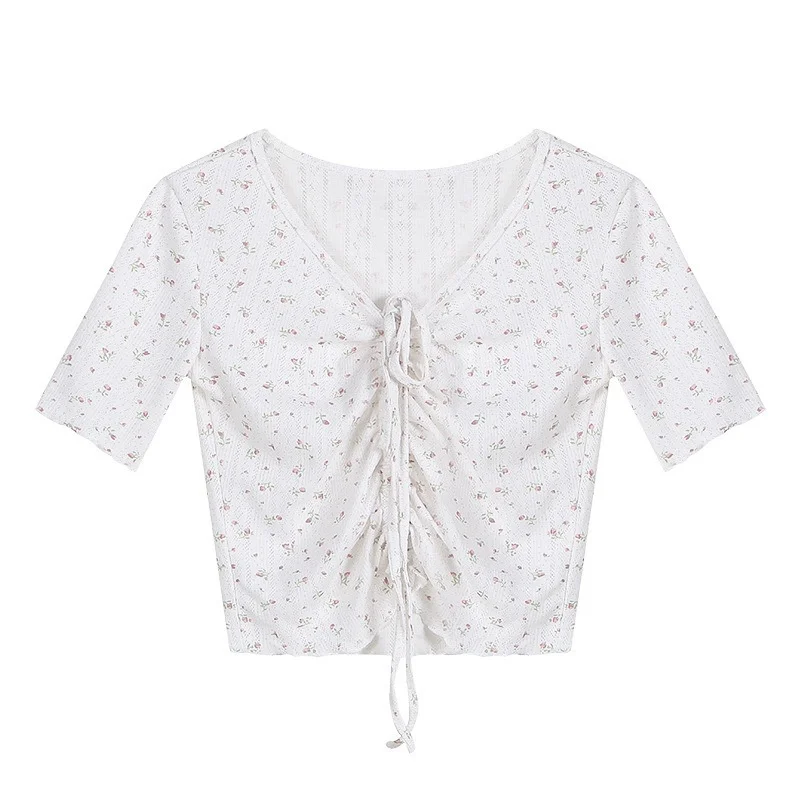 

2021 Summer Elegant Floral Print Lace Up Blouses for Women Sweet Fresh Cute V-neck T-shirts Casual Soft Fit Woman Crop Tops