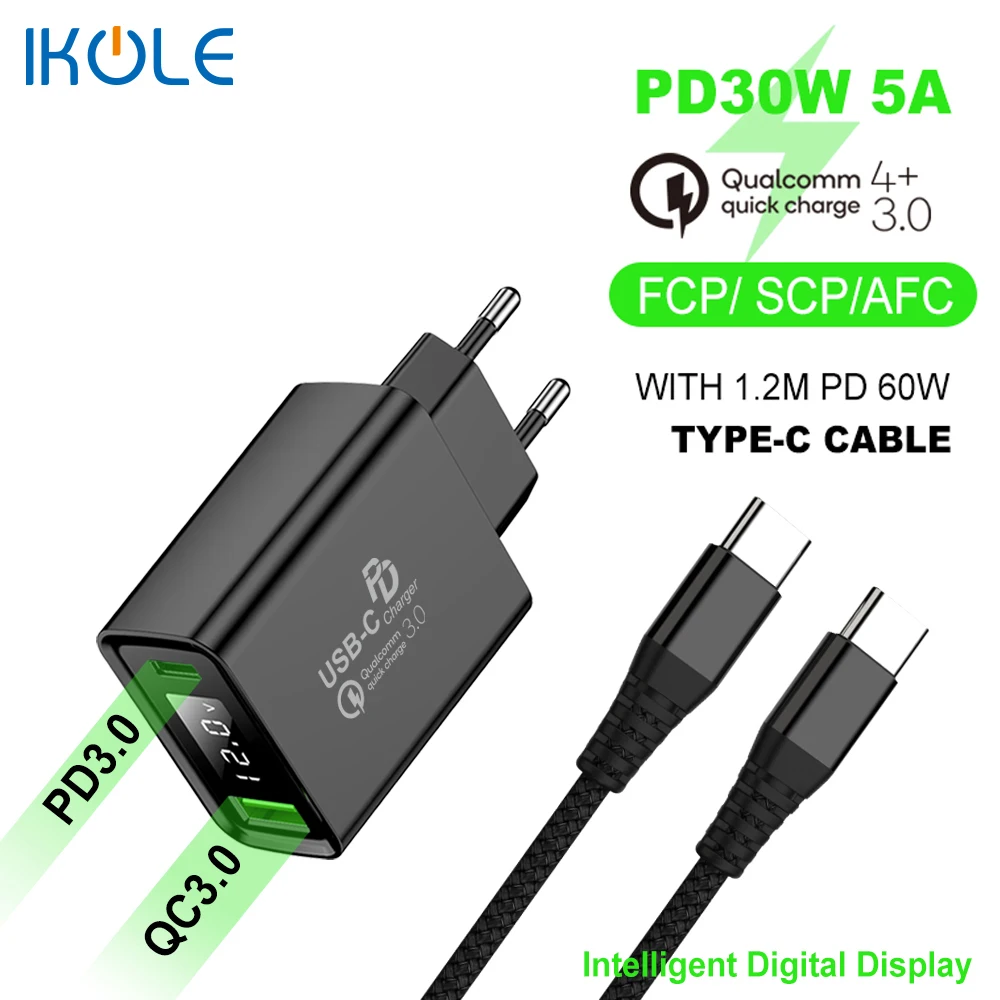 IKOLE PD зарядное устройство PD30W Быстрая зарядка QC4 + QC4.0 QC3.0 суперзарядка для Huawei Samsung