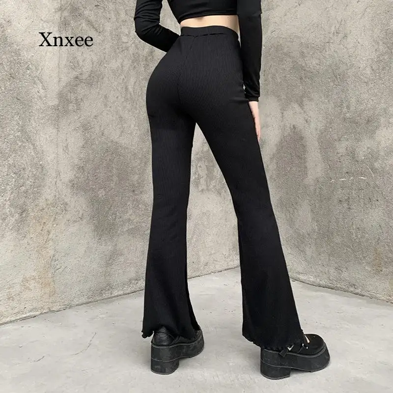 Women Vertical Stripes Boot Cut Trousers Elastic High Waist Solid Bottoms Female Fashion Ribbed Casual Long Pants Sweatpants images - 6