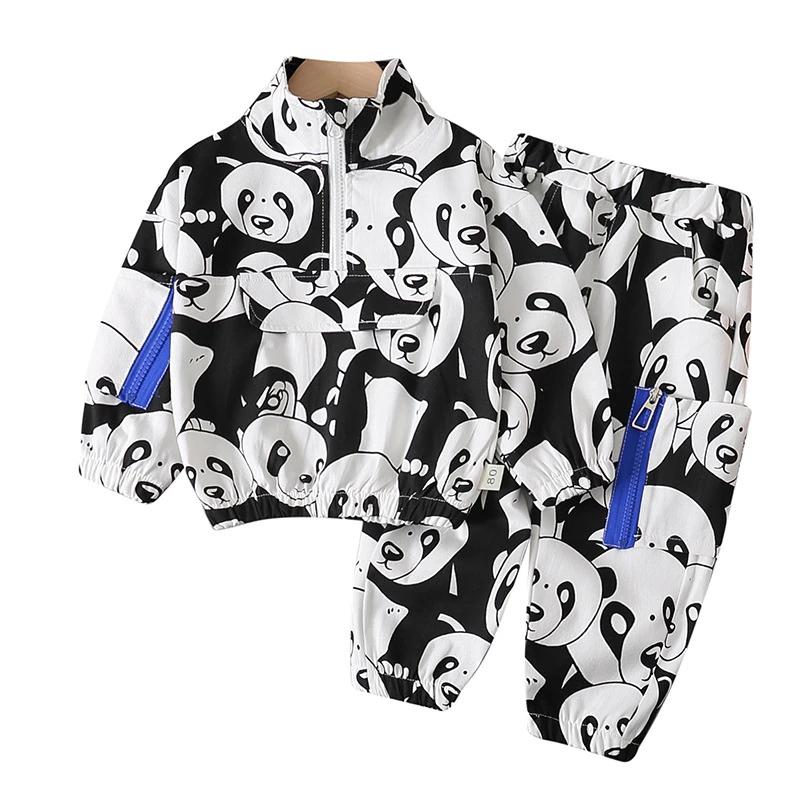 

Spring And Autumn Boys Set 2021 Fashion New Cute Cartoon Stand-up Collar Sweater Casual Sweatpants Children's Two-piece Set