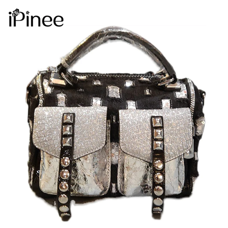 

iPinee Women's Classical Handbag High Quality Totes Denim Crossbody Bags Female Rivets Shoulder Purse Ladies Top Handle Bag