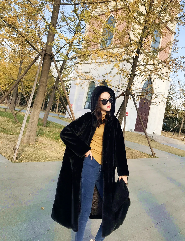 Толстое пальто из искусственного кроличьего меха с капюшоном, свободное шерстяное пальто до колена, женское длинное пушистое пальто с длинным рукавом из искусственного меха