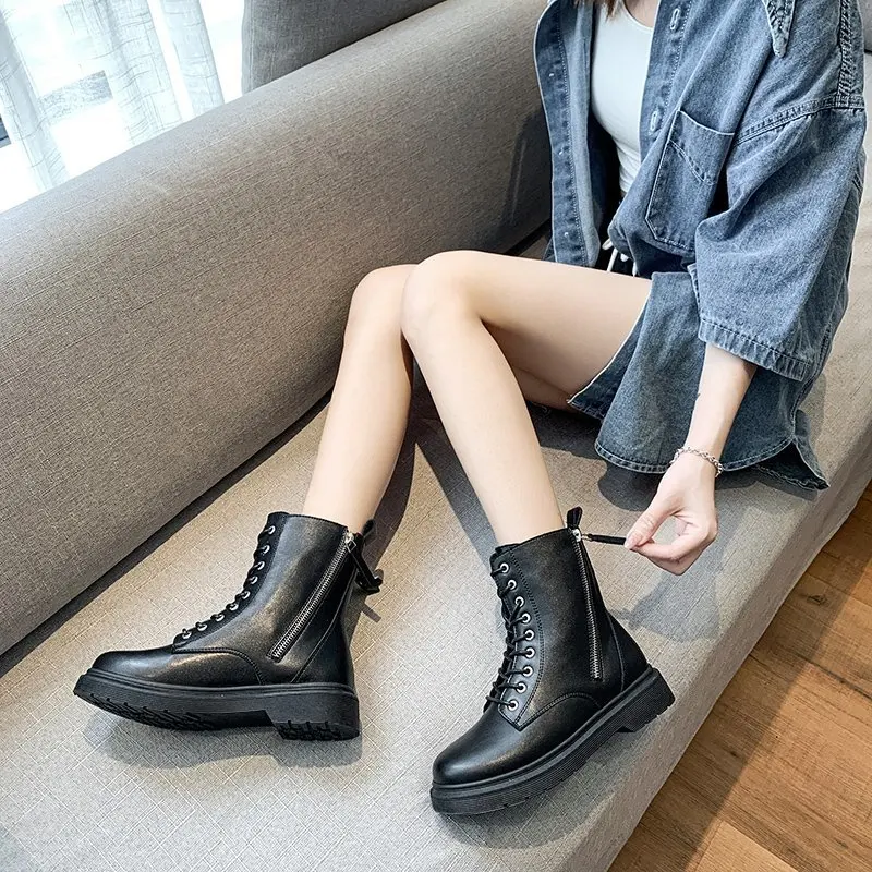 2020 NEW Boots for Women Fashion Brown Black Women's Boots Plush Winter Boots Female Women Shoes PU Leather Boots Women's Shoes