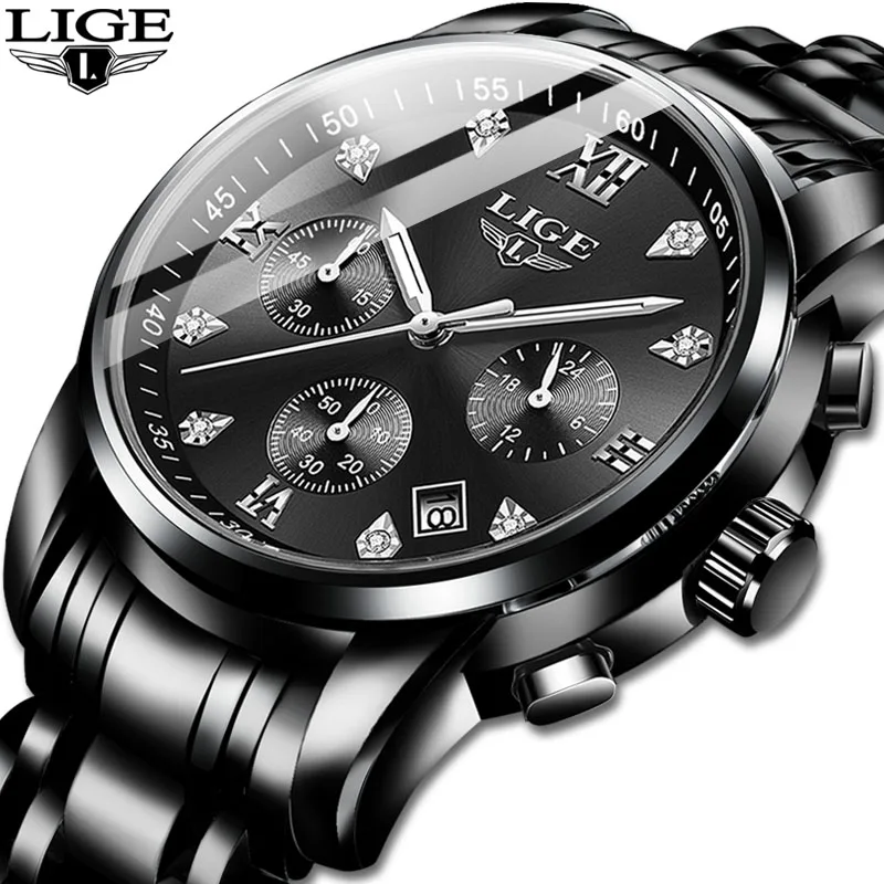 LIGE Mens Watches Top Brand Luxury Fashion Business Quartz Watch Men Sport All Steel Waterproof Black Clock erkek kol saati+Box | Наручные