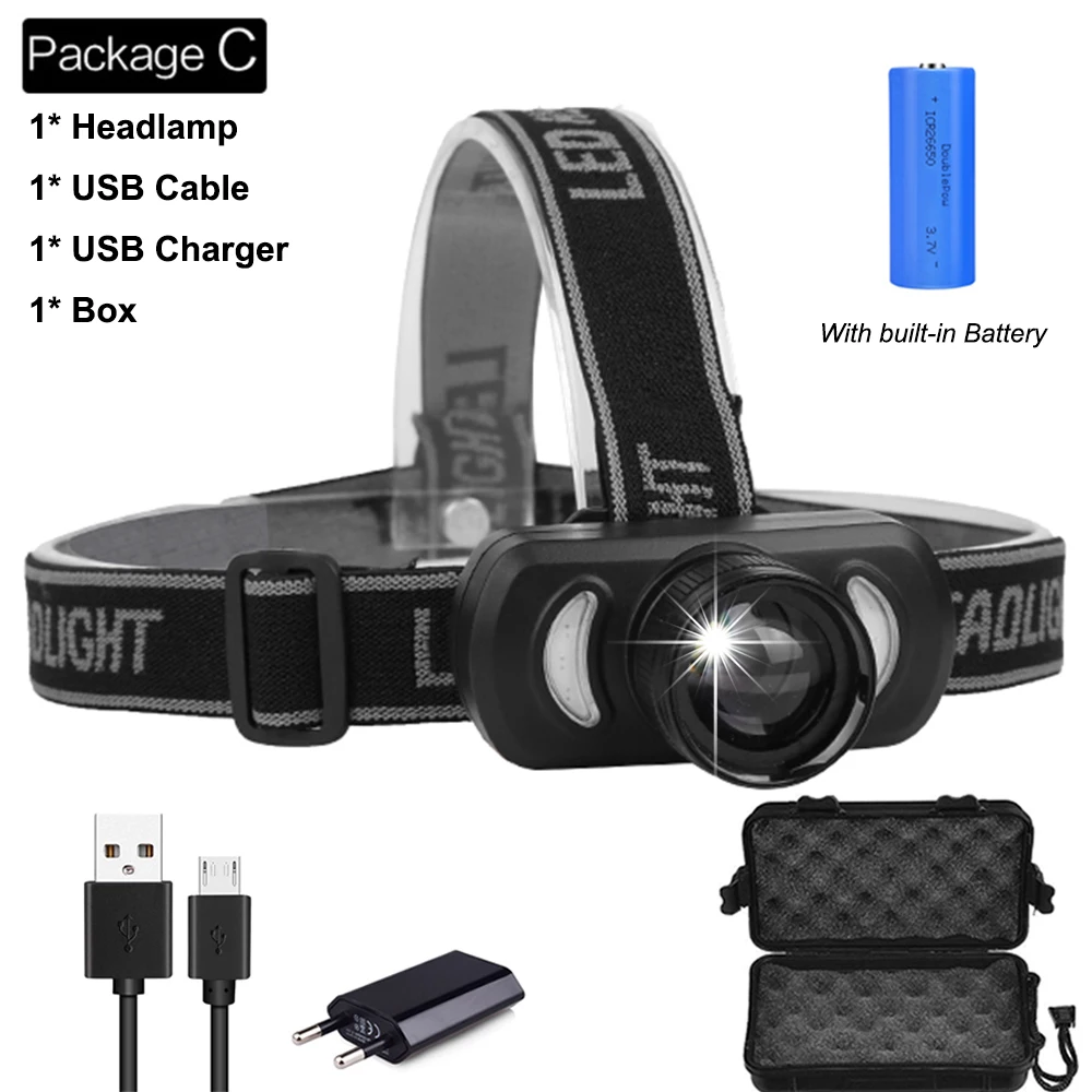 Package C Мощный USB Перезаряжаемый головной светильник, красный светильник, синий светильник, головной светильник, Мощный USB велосипедный светильник, водонепроницаемый для наружного использования - Испускаемый цвет: Package C
