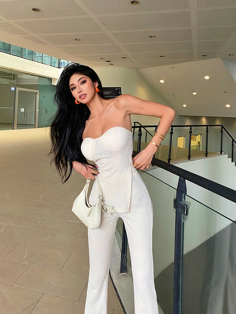 

Solid Elastic Skinny Casual Women Two Piece Sets Sleeveless Slash Neck Shaped Waist Seamless Female Loungewear Clothes