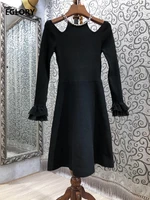 high quality sweater dress 2021 spring autumn knitwear women beading hollow out sexy flare sleeve casual black knitted dress