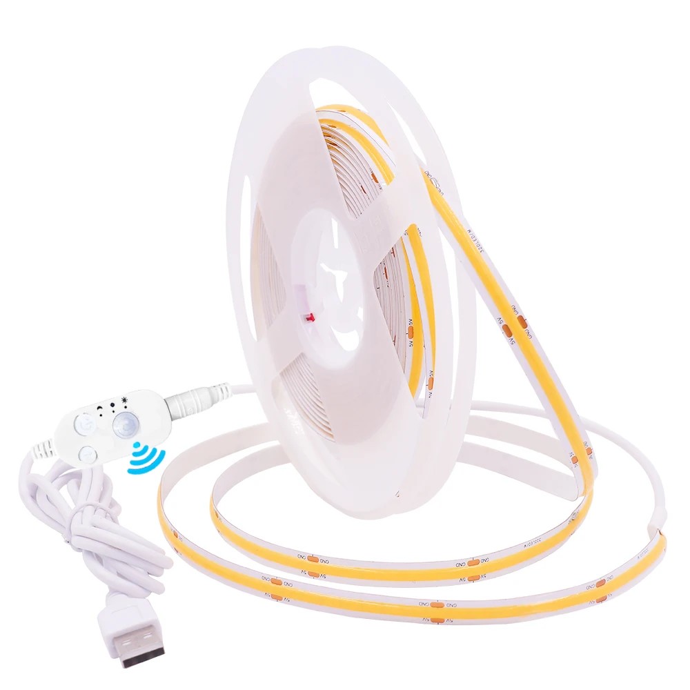 

DC5V USB Powered COB LED Strip Light PIR Motion Sensor FOB COB Lights High Density 320Leds/m Ribbon Rope Light Flexible LED Tape