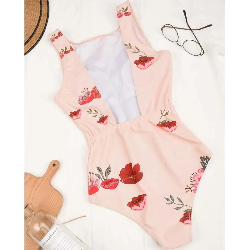 

Sexy Floral Print One Piece Swimsuit Swimwear Female Halter Bather Bathing Suits Bodysuit Backless Monokini Beachwear 2021 New