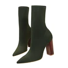 Женские эластичные ботинки-носки, ботильоны на высоком блочном каблуке 2021 см, фетиш, зеленые ботинки до щиколотки, облегающая массивная шелковая атласная качественная обувь, 9,5