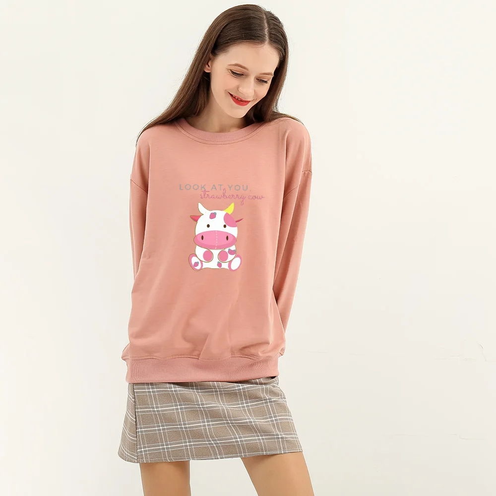 

Harajuku Cow Print Sweatshirt Oversized Clothes Cotton Thin Cute Hoodies for Girls Spring Autumn Long Sleeve Basic Pink Hoodie