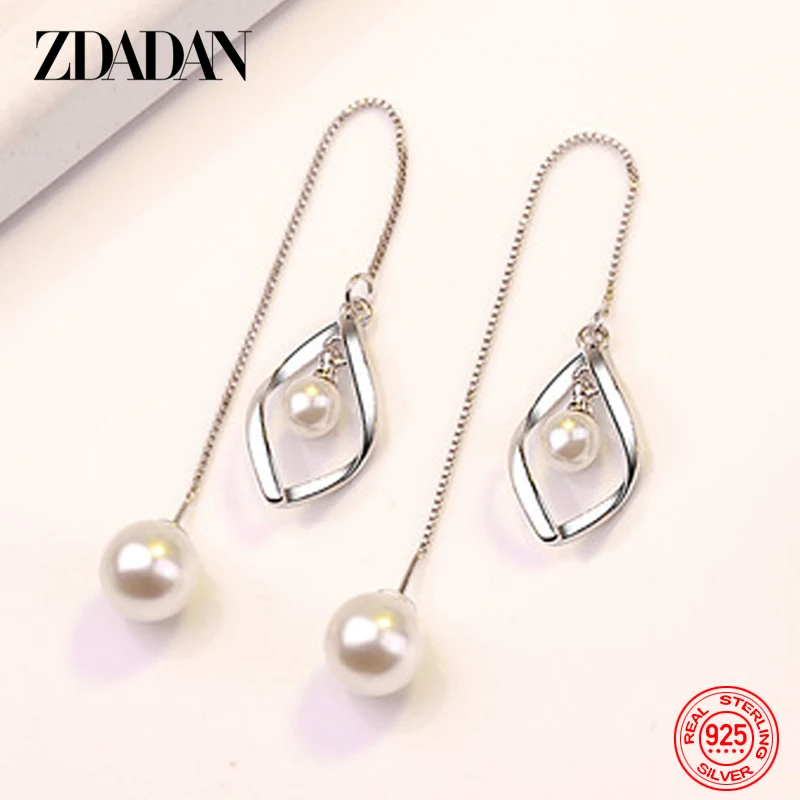 

ZDADAN 925 Sterling Silver Geometric Twist Pearls Long Dangle Earrings For Women Fashion Wedding Jewelry Gift
