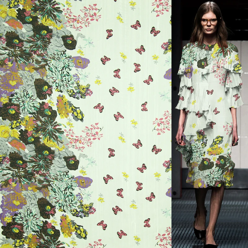 Цветочный и бабочка дизайн шелк морщинка жоржет Марля ткань мягкая тонкая