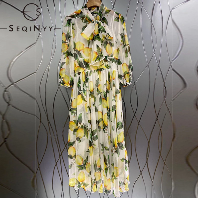 Женское модельное платье SEQINYY элегантное праздничное с принтом лимона фруктов