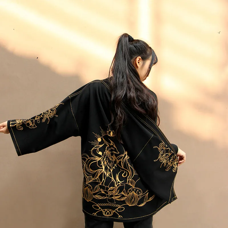 Женский вышитый джинсовый японский кимоно кардиган, утепленный осенний японский халат аниме-косплей костюм, мужская японка в стиле хаори рубашка.